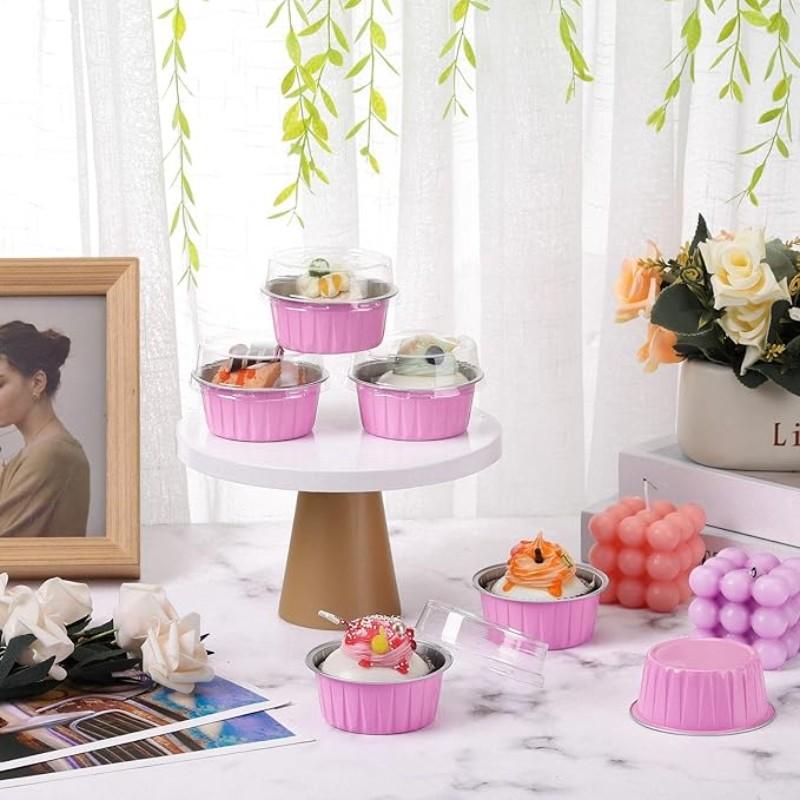 25PCS Aluminum Foil Lined Baking Cups with Lid, Disposable Mini Cake Cups, Muffin Mold, Pudding Mold, Wedding, Party, Dessert Container