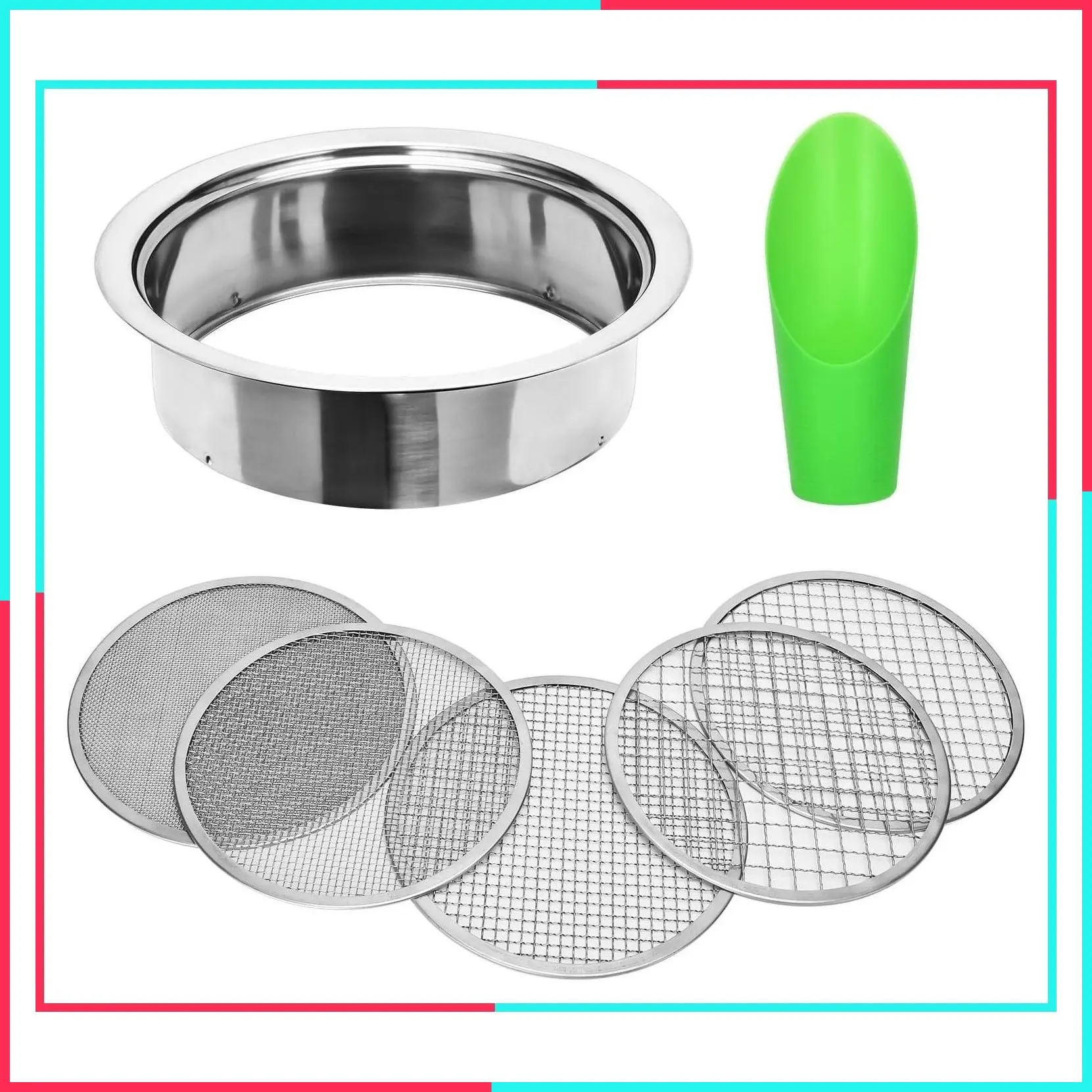Garden Soil Sieve Set with Stainless Steel Mesh Sifter, Compost Sifter with 1, 3, 6, 9, 12mm Sieve Mesh and Bonsai Soil Scoop