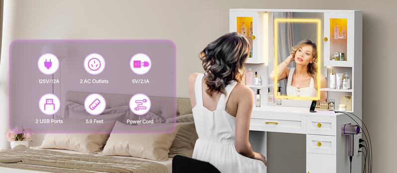 【Valentine's Day gift】Makeup Vanity Mirror with Light, Large Women Vanity Desk with Touch Screen Mirror Lights & Power Outlet, 4 Cabinet, 2 Shelves & 5 Drawers for Bedroom,[Gift Idea]