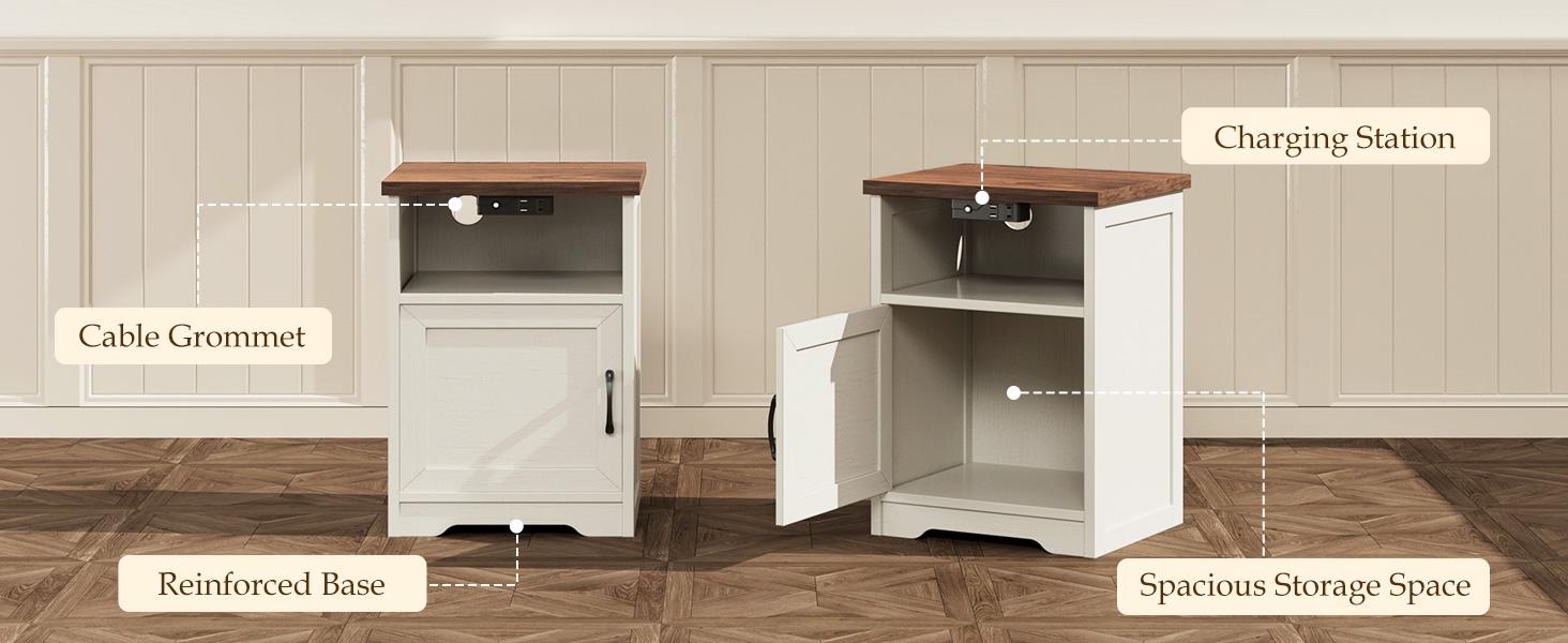 AODK 2-Pack Wood Rectangular Farmhouse Nightstands, Easy Assembly Bedroom Bedside Tables with USB+AC Outlet Charging Station, LED Lights, Cabinet & Storage Shelf End Tables
