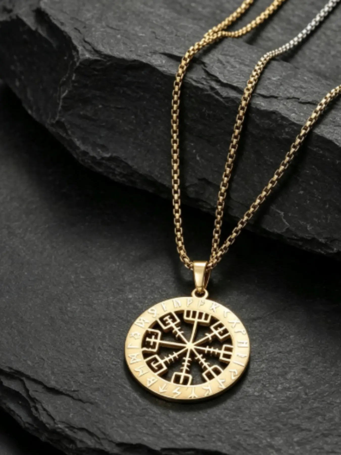 Viking Runes Odin Compass Stainless Steel Pendant Necklace, Long Chain Keychain Jewelry, Unique Viking Style Accessory