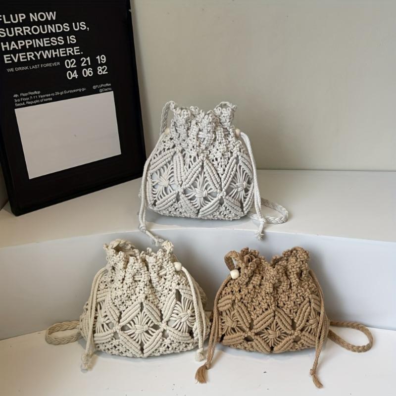 BeadBreath Woven Rope Bucket Bag, Medium Minimalist Macrame Crossbody, High-Quality Spring & Summer Shoulder Bag