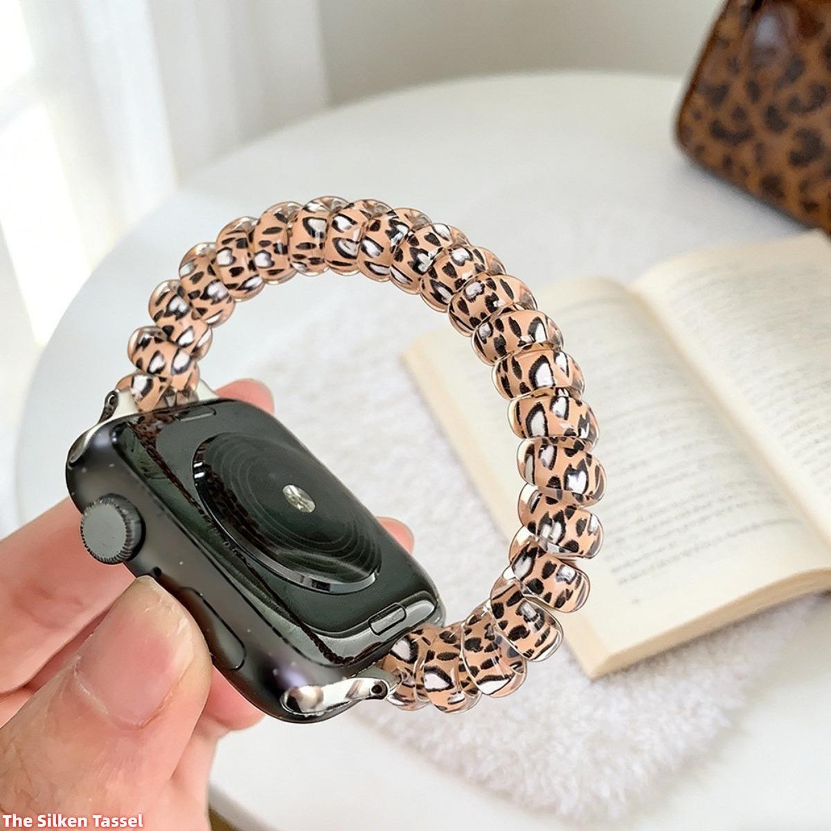Leopard Print Scrunchie Apple Watch Band, Aesthetic Elastic Stretchy Wrist Strap with Phone Cord Style, Cute Fashion Watch Bracelet Compatible with Apple Watch Series 1-11 Ultra SE, Comfortable Daily Wear Accessory for Women (Watch Not Included)
