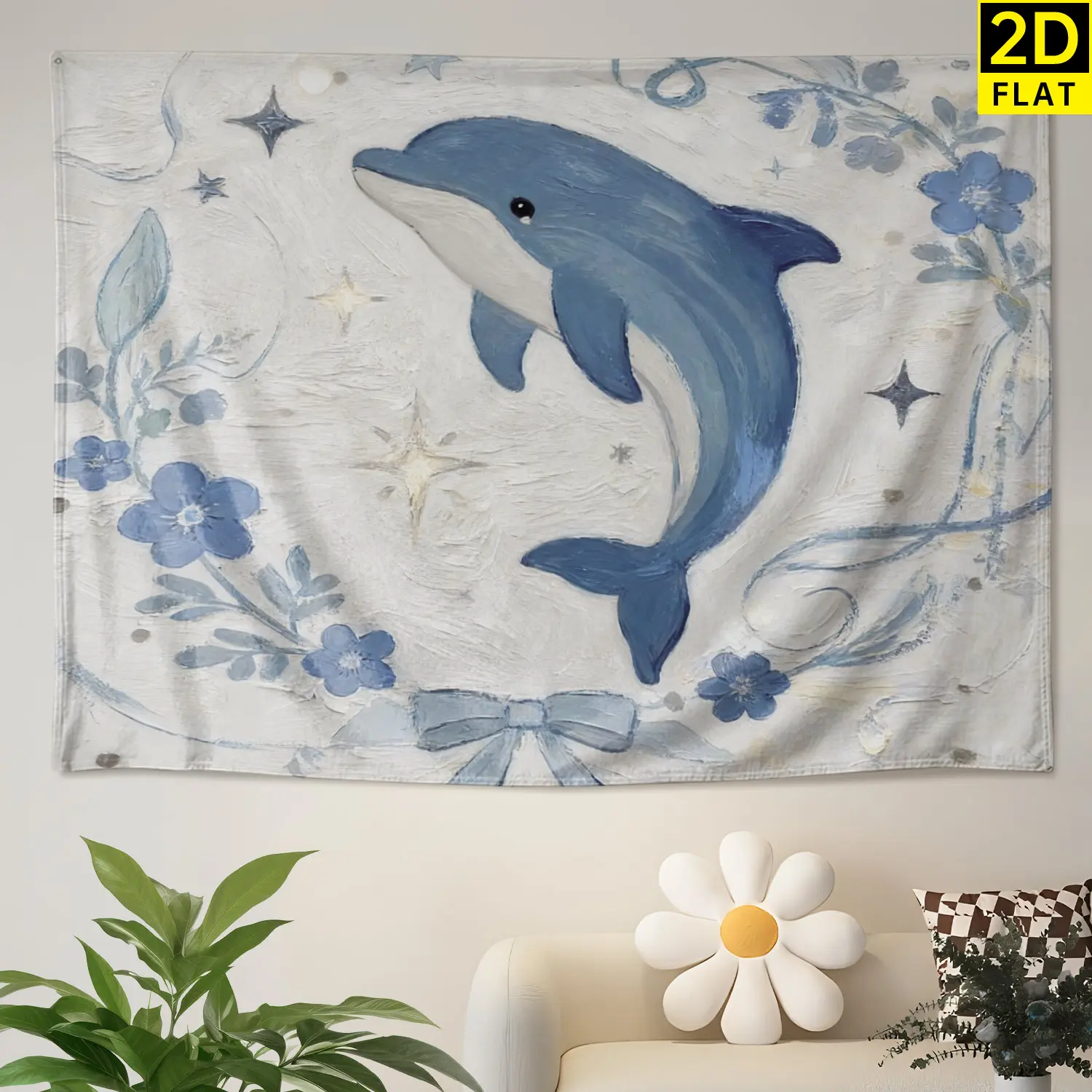 Blue Dolphin Floral Star Aesthetic Wall tapestry, Large size Printed Horizontal Tapestry blanket, Polyester Fabric Wall Hanging for bedroom, living room, No Installation Required, Indoor, Outdoor, Gift for Family and Friends