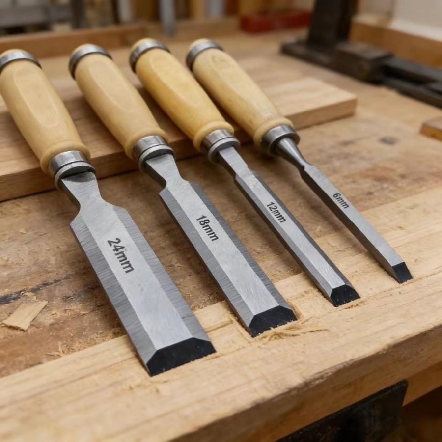 4-Piece Wood Chisel Set, High Carbon Steel with Birch Handle, 6/12/18/24mm, Ideal for Carving and Cutting, DIY and Professional Use