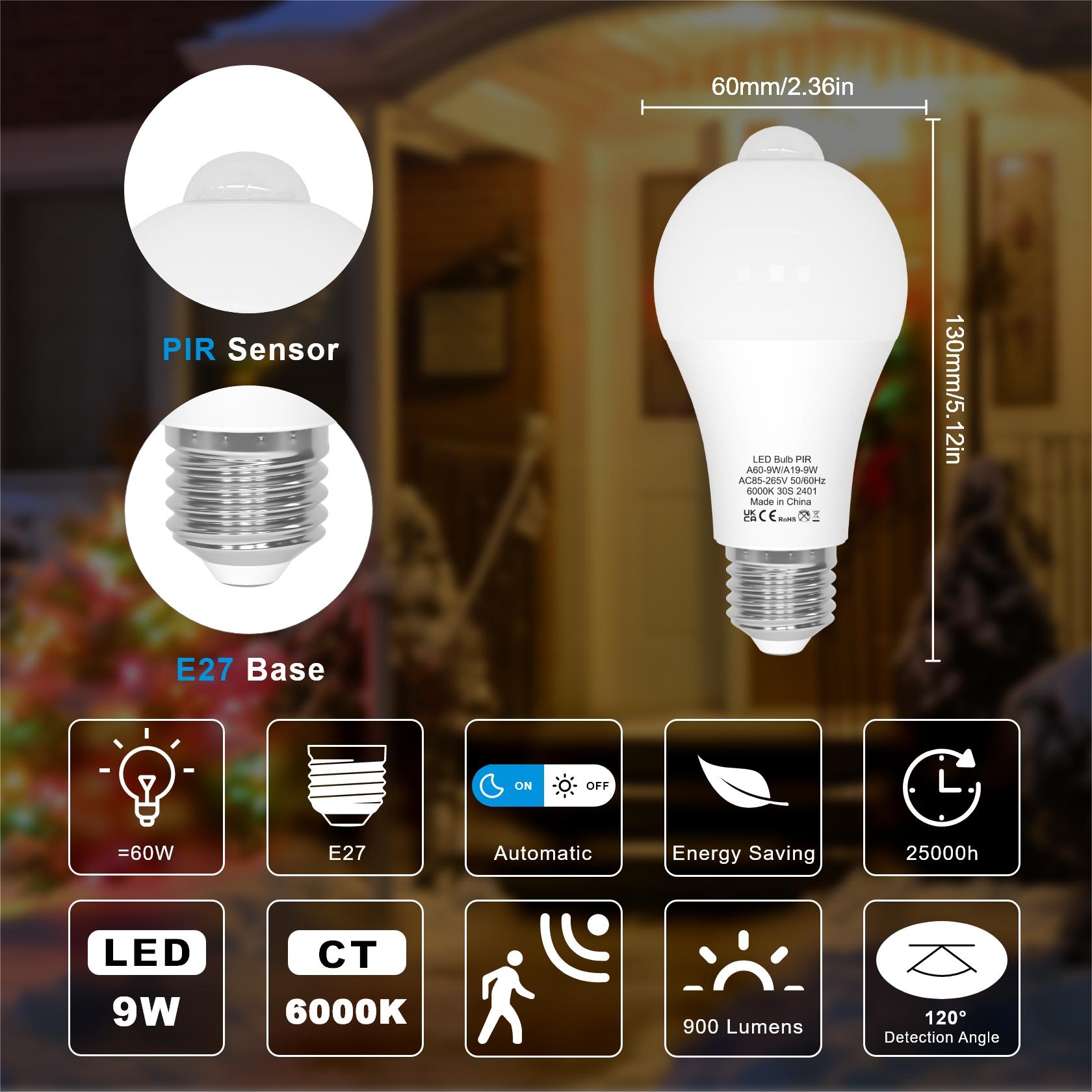 4-Pack Motion Sensor LED Light Bulbs A19 E26 9W PIR Built-in IR 6000K Cool White，60watt Equivalent Bright 900 Lumens for Garage, Closet,Porch, Stairs