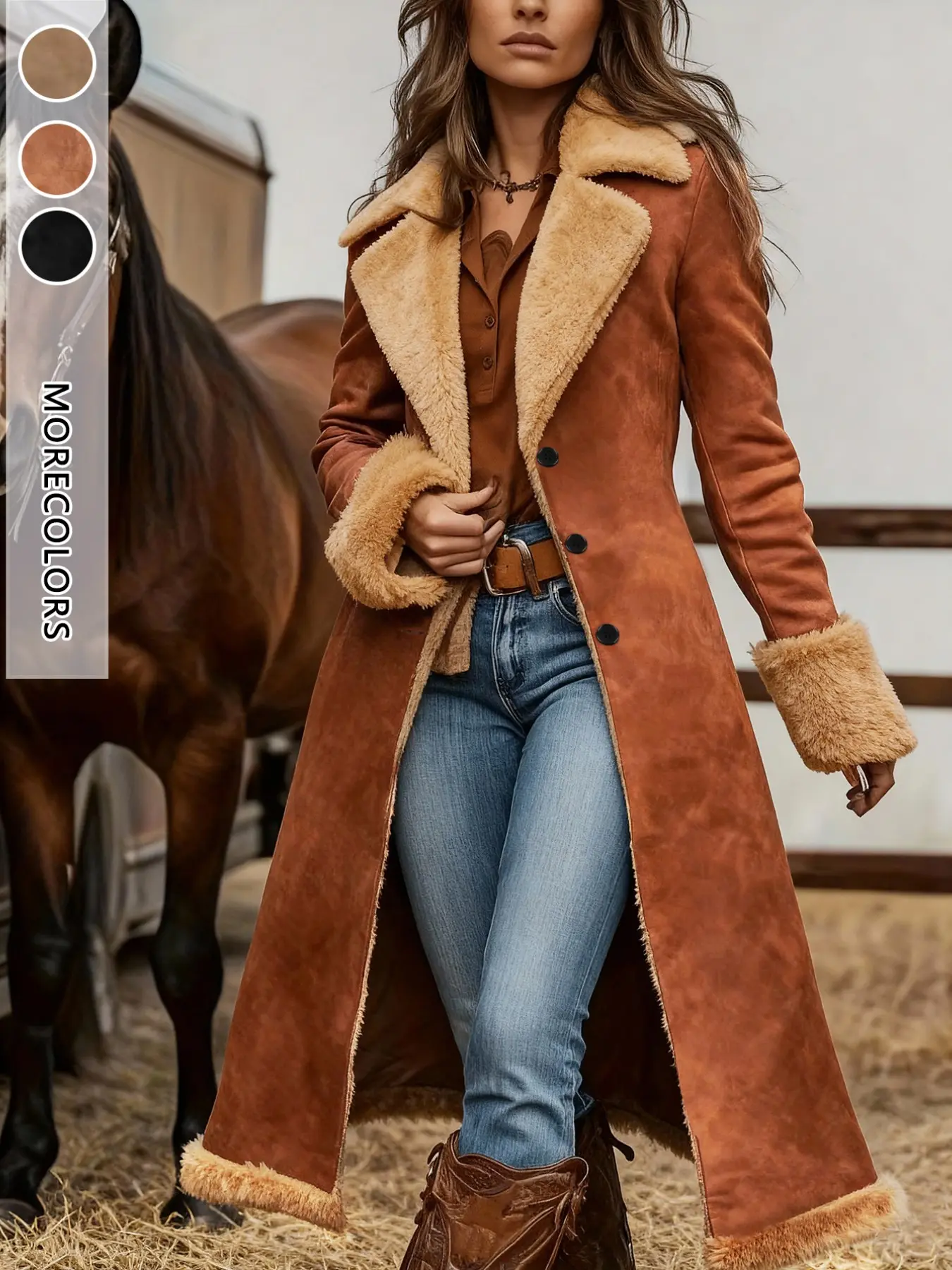 Women's Long Western‑Style Faux Suede Overcoat, Chic Fall Winter Notched Lapel Plush Lining, Loose‑Fit Warm Coat