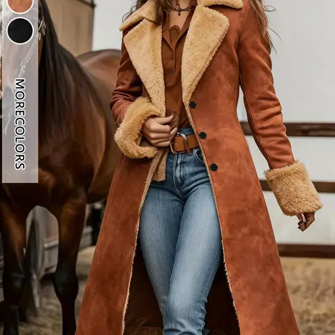 Women's Long Western‑Style Faux Suede Overcoat Outerwear Fall Winter Notched Lapel Plush Lining, Loose‑Fit Warm Coat