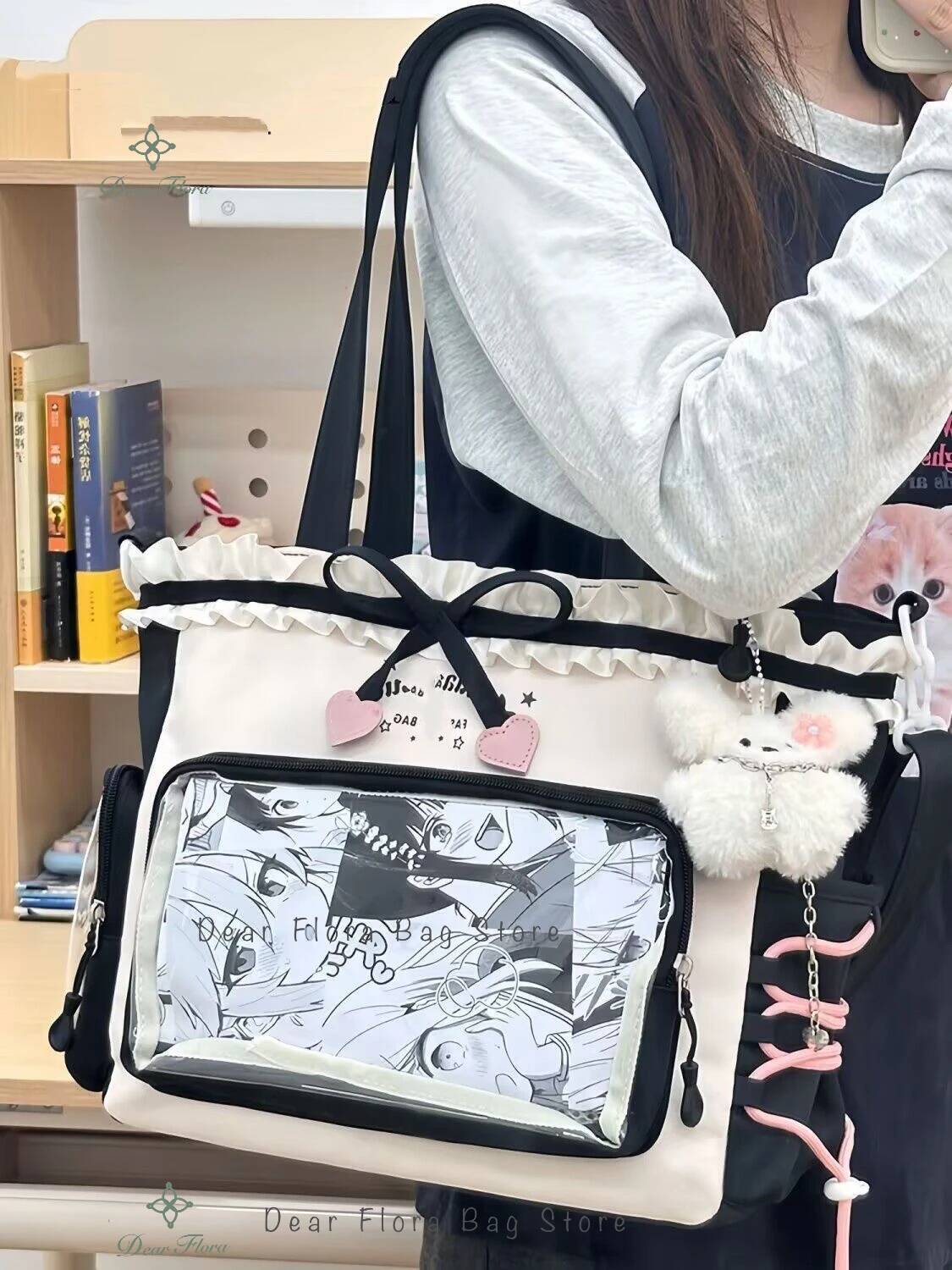 New Nylon/Polyester Ita Bag for Lolita Girls - Transparent Large-Capacity Shoulder Tote, Crossbody, DIY Display Casual Handbag