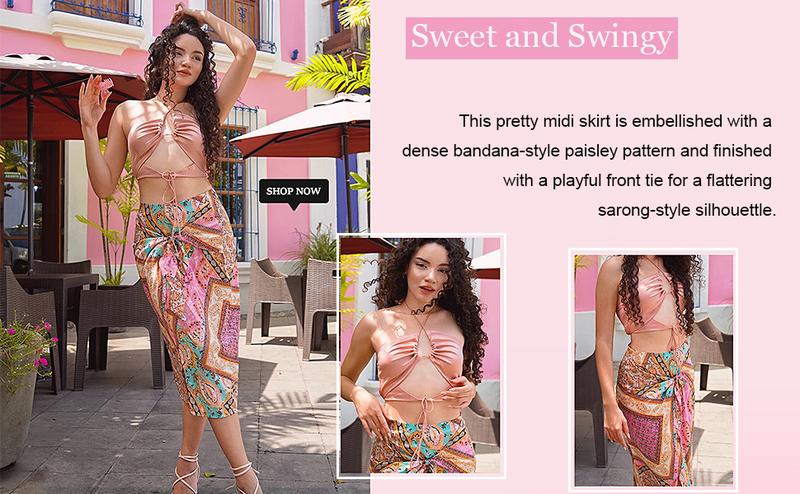 ZAFUL Women's Boho Skirt Asymmetrical Skirts Tied Floral Paisley Printed High Waist Ruched Skirts for Women