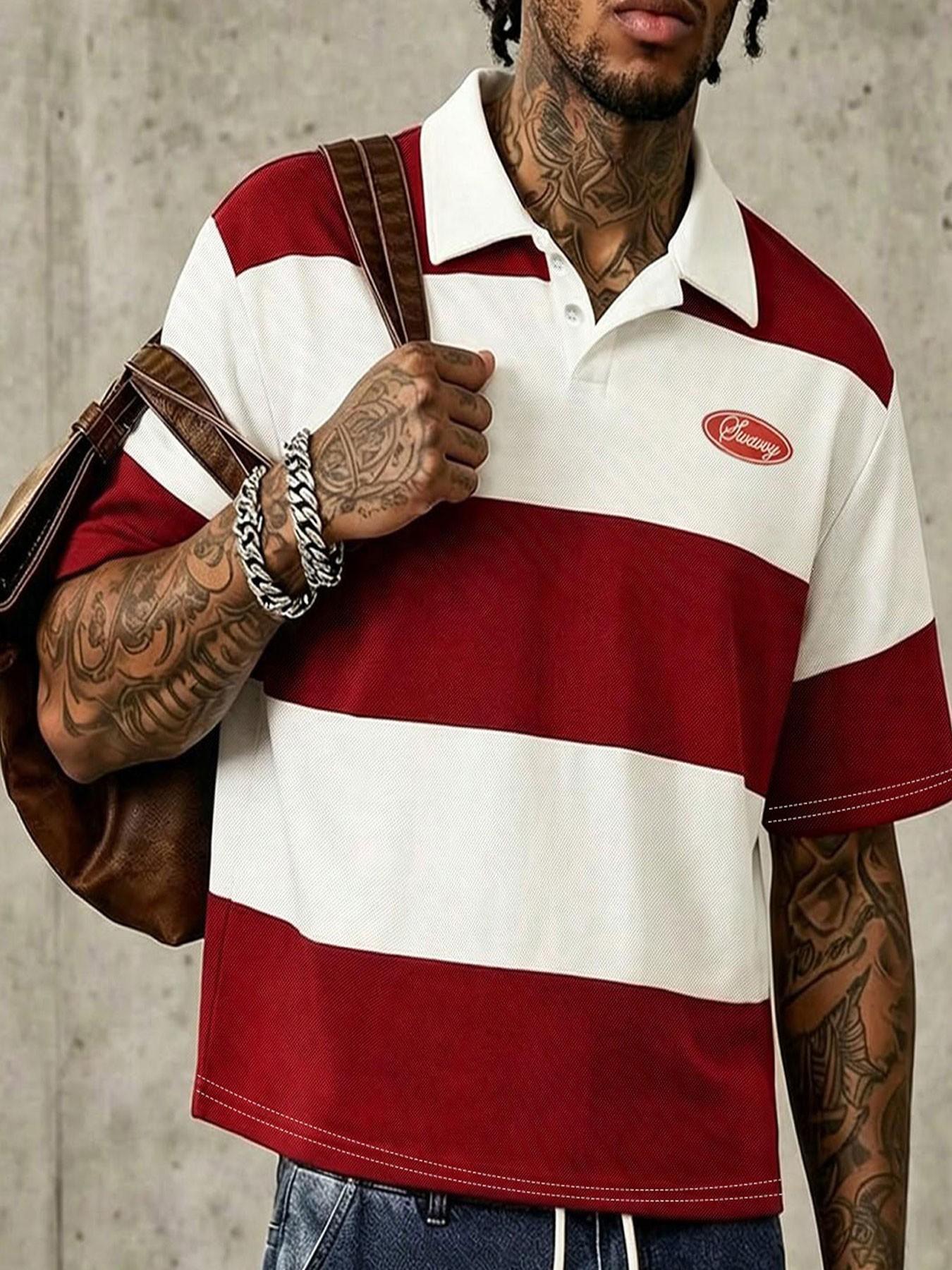 Men's American-Style Wide-Striped Collared Polo Shirts, Summer Short Loose-Fit Top, Casual Collar Streetwear