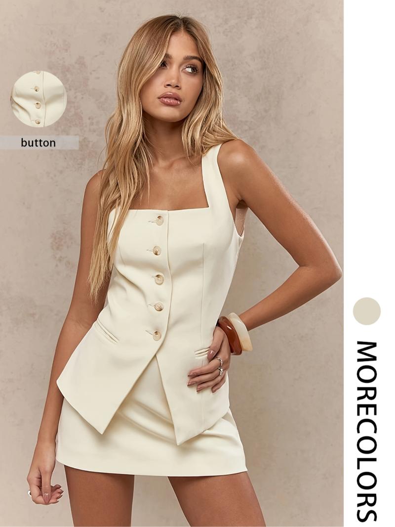 Women's Solid Color Tank Top & Skirt Two-piece Set, Casual Fashion Cozy Two Piece Set for Daily Outdoor Wear, Ladies Clothes for Summer, Office Siren Outfits