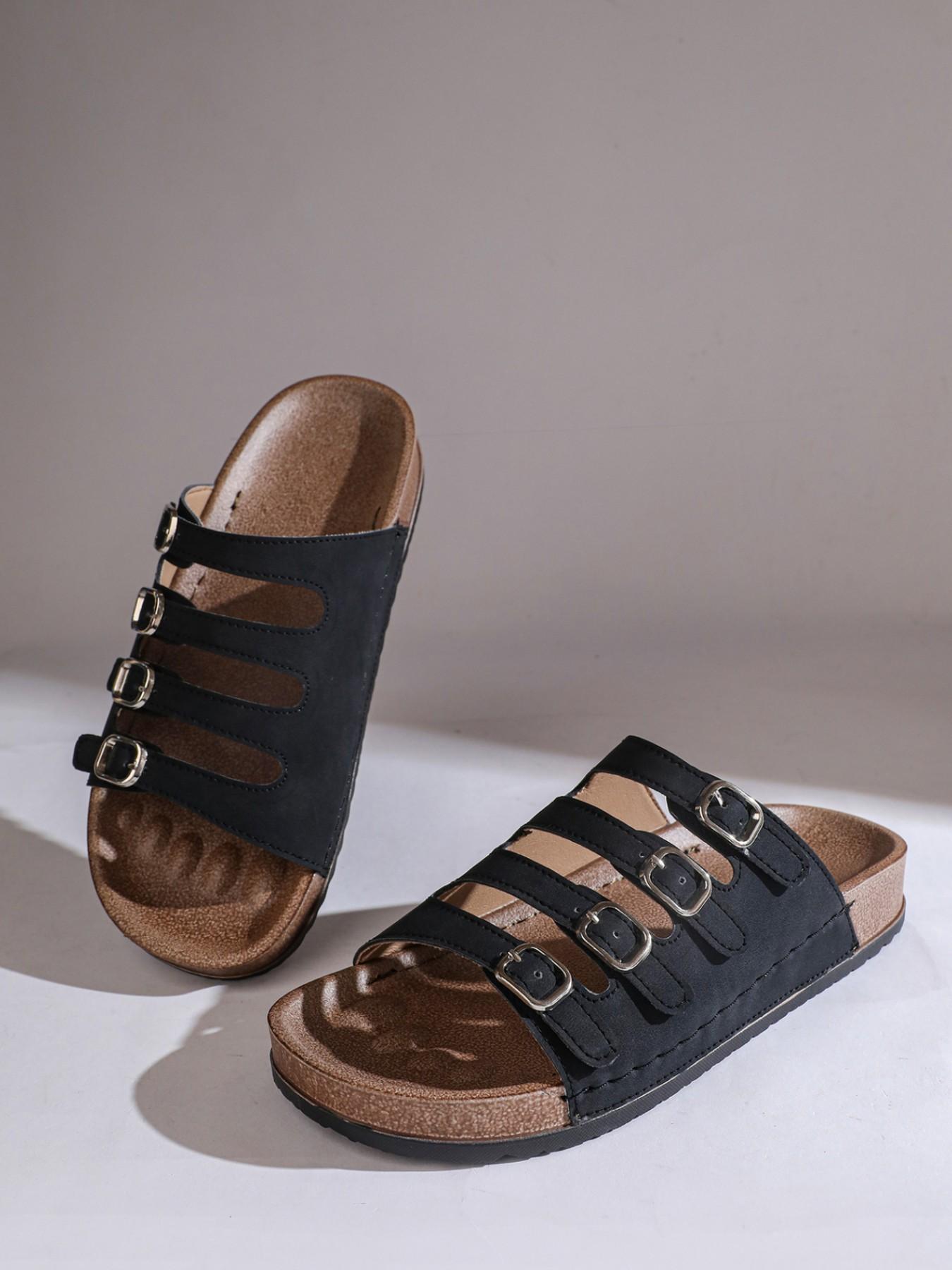 Plus Size Women's 4 Straps Buckle Cork Footbed Slides, Non-slip Open Toe Flat Sandals, Comfortable Summer Casual Shoes for Outdoor, Beach, Walking