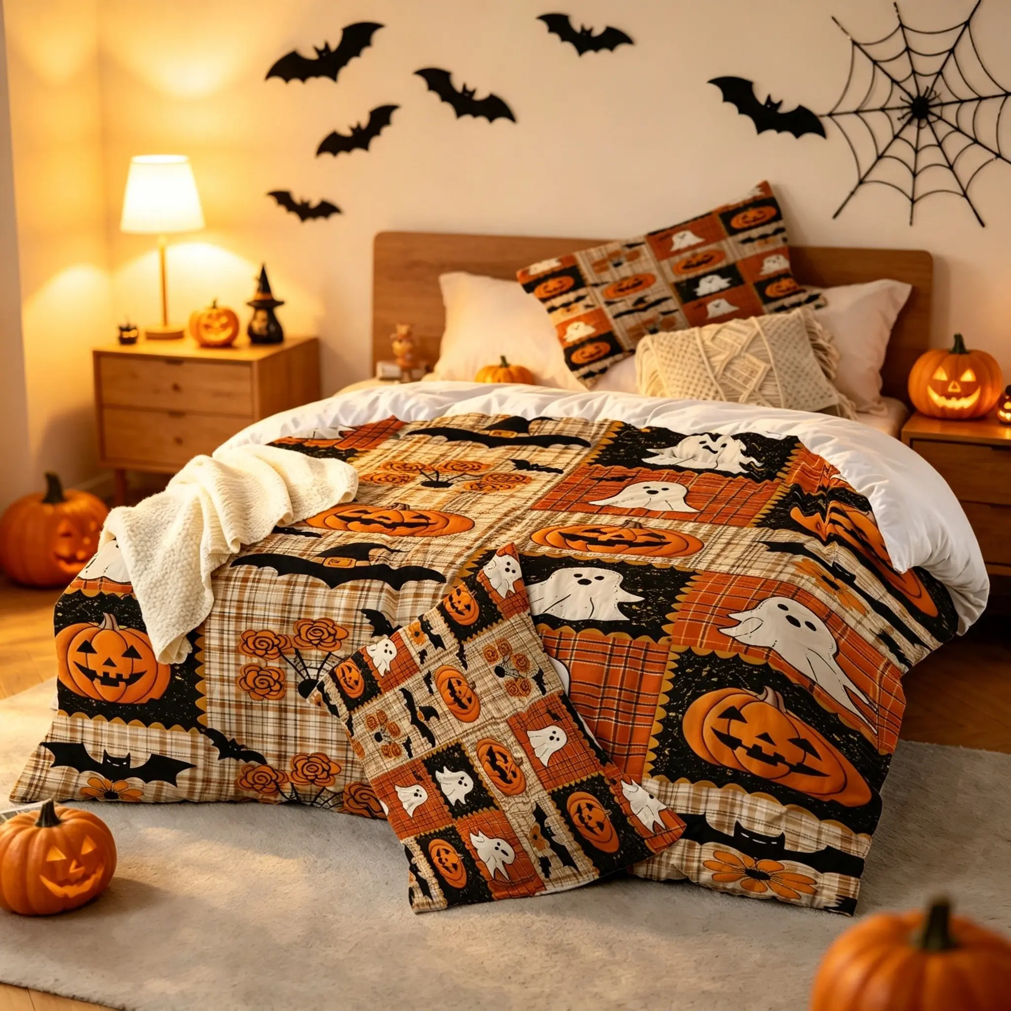 2/3pcs Retro Halloween Ghost Pumpkin Bat Patchwork Digital Print Duvet Cover Set, Comforter Cover Bedding Set, Decorative Bedding Set, No Filler, Soft Microfiber, Spooky Pattern, Halloween Home Decor