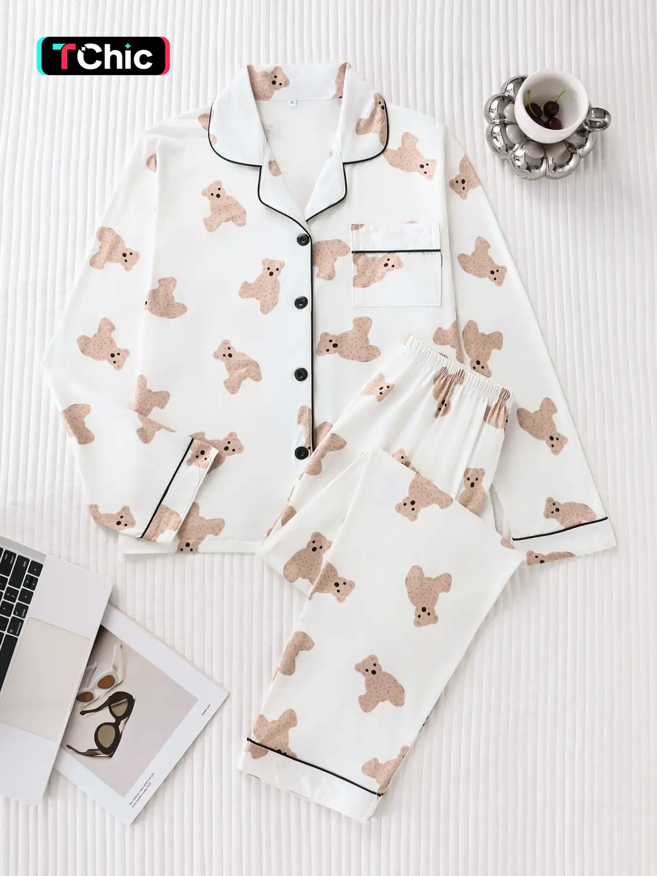 Two-Piece Bear Print Women's Pajama Set, Soft Comfortable Fabric, Loose Lightweight Button Front Long Sleeve Top and Pants, Elegant Home Wear