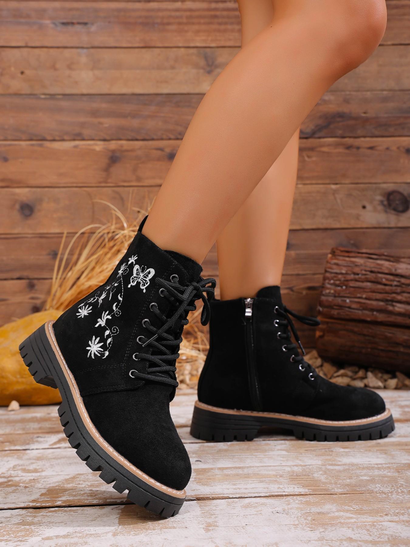 Autumn Winter New Retro Ethnic Butterfly Floral Embroidery Boots, Velvet Laces Thick Sole Work Short Boots, Casual Comfortable Western Boots