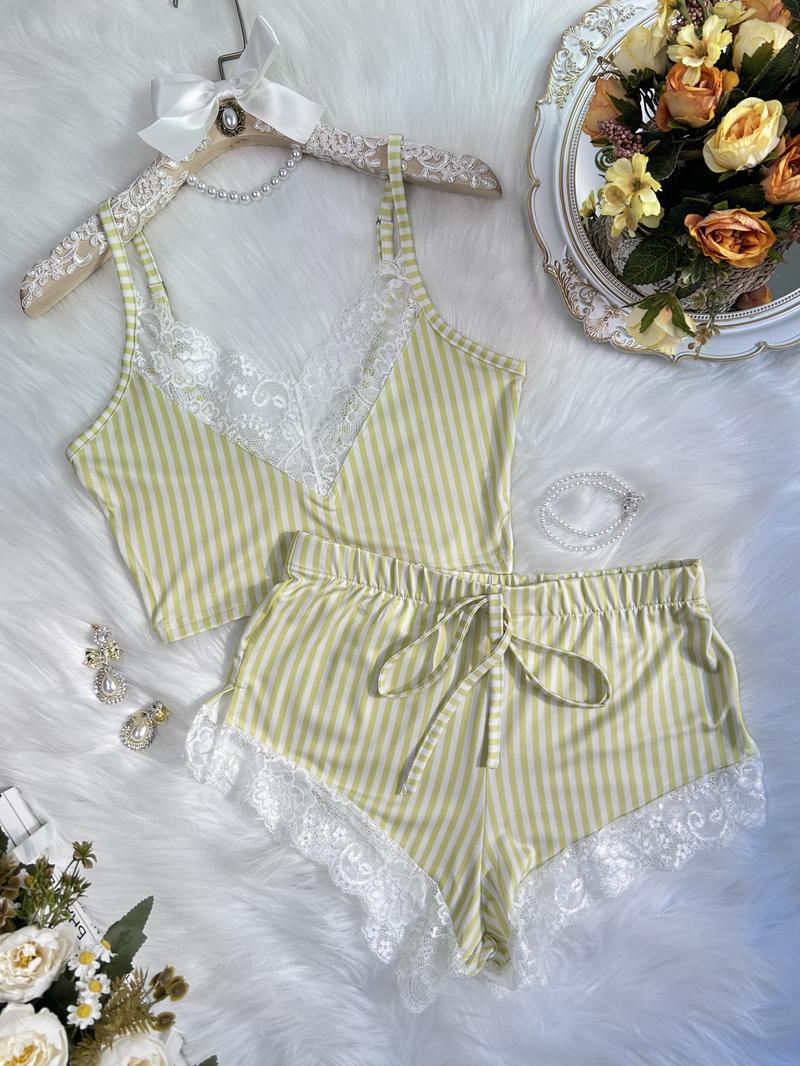 Women's Stripe Print Sexy Lace Trim Pajama Set V Neck Backless Crop Cami Top & Mini Shorts Loungewear & Sleepwear Fit Pants