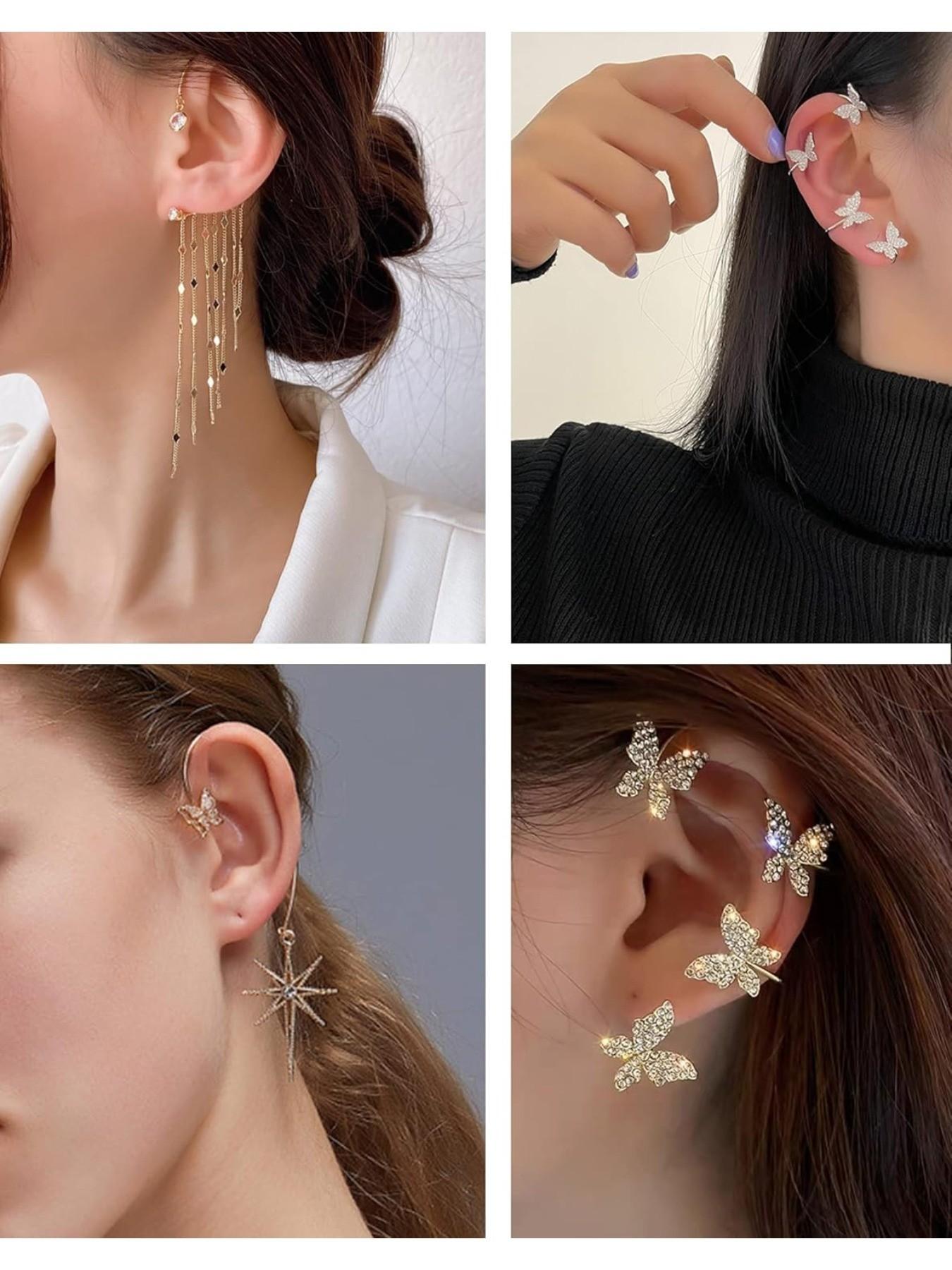 4Pcs Butterfly Long Tassel Ear Cuff Dangle Chain Earrings Wrap Crawler CZ Ear Clip Wrap Around Fake Earrings for Women Silver Gold Tone Right Ear