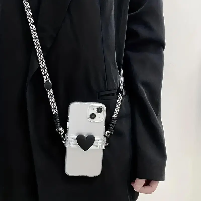 Black 3D Love Mobile Phone Case Back Clip Lanyard, Suitable for Mobile Phone Case Diagonal Cross Contrast Color Hand Rope, Cool and Fashionable Neutral, Can Be Diagonally Crossed, Can Be Hung Around the Neck, Can Be Removed,