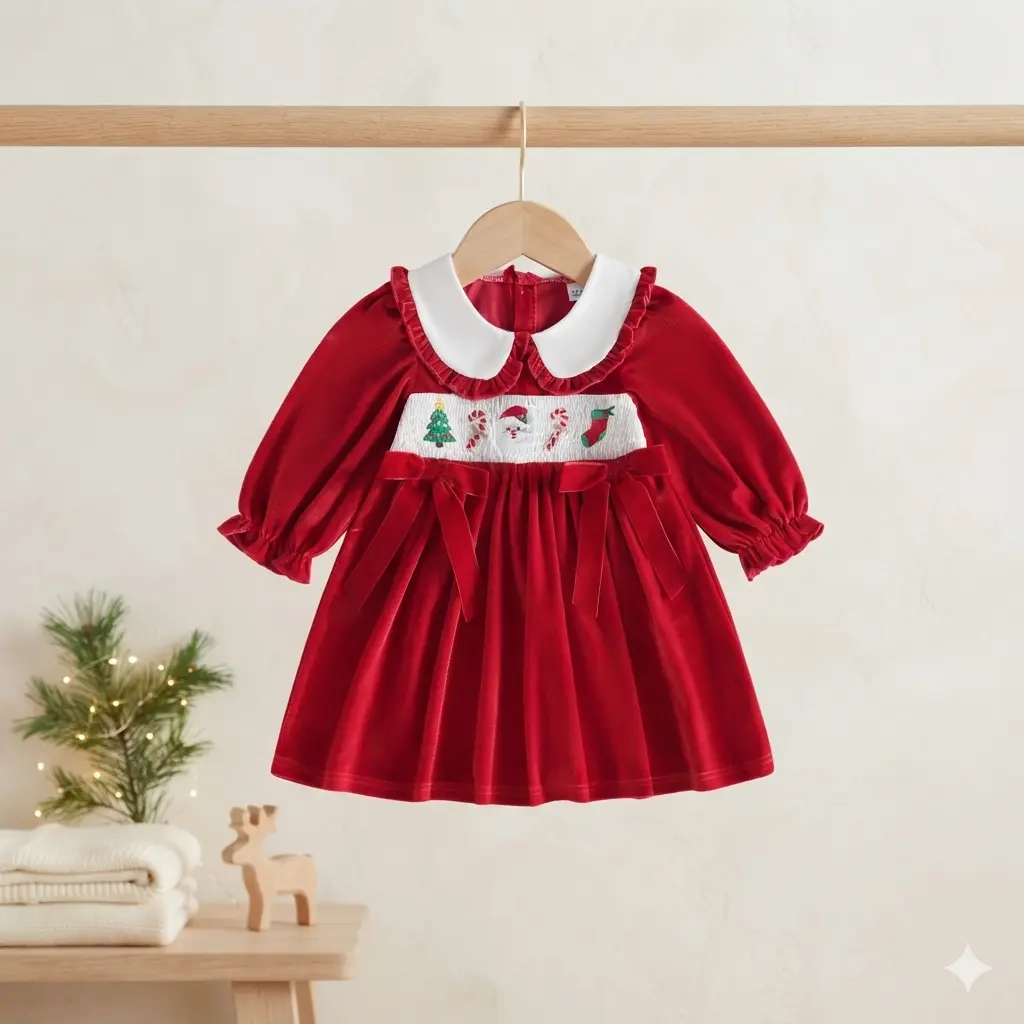 Kids Girl Velvet Christmas Dress Cute Fall Winter Christmas Embroidery Doll Collar Fall Dress