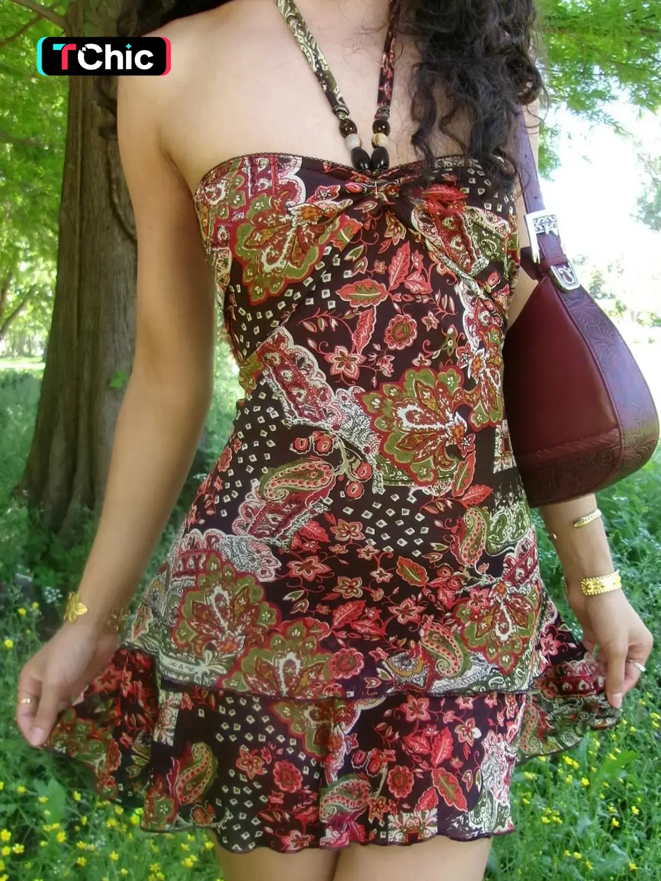 Bohemian Vintage Floral Print Beaded Halter Neck Tube Dress, Slim-Fitting Sleeveless Backless Summer Evening Gown, Stylish Holiday Wear, Halter Strap Dress, Floral Design Dress
