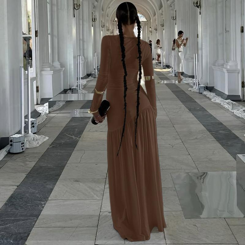 Women's Solid Ruched Round Neck Long Sleeve Pleated Dress, Elegant Plain Patchwork Plicated Slim-fitting Long Dress, Party Club Date Evening Gown Formal Dress, Ladies Spring Fall Winter Casual Dresses Clothes Wear, Formal Bodycon Dress