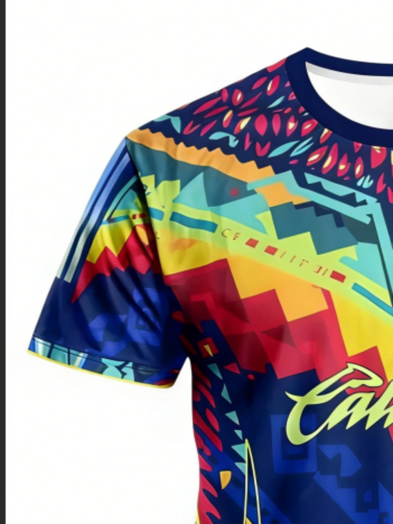 Men's Caliente Aztec Tribal Sport T-Shirt, Colorblock Street Style Round Neck Short Sleeve Top, Loose-Fit All-Season Clothing