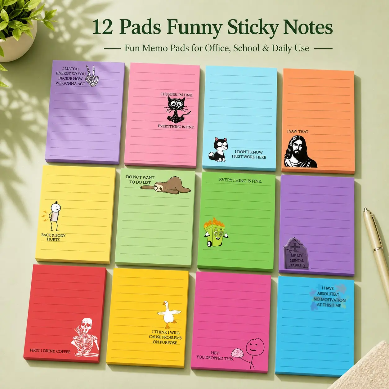 😂 12-Pack Funny Sticky Notes, Hilarious Meme Memo Pads with Sarcastic Quotes & Cute Cartoon Designs, Colorful Lined Notepads for Office, School, Work & Everyday Reminders ✨