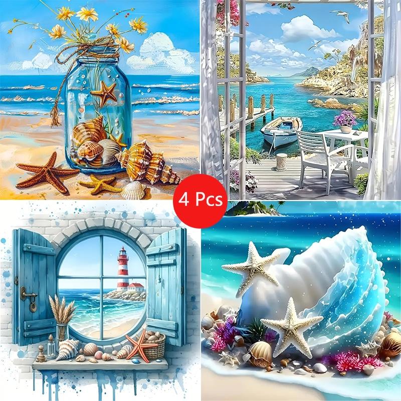 4pcs Beautiful Beach Landscape Diamond Painting Kit, Adult Art Craft Set, DIY 5D Round Drill Home Wall Decor, No Frame, Needle Crafts Kit