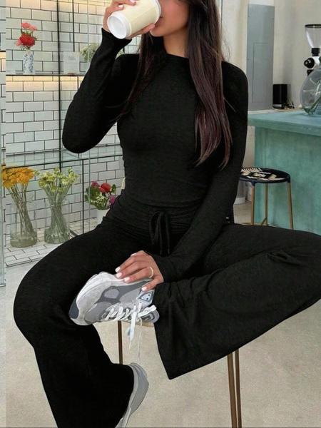 Women's Casual Solid Color Long Sleeve Round Neck Top & Drawstring Pants Set, Comfortable Fall Fashion, Daily Wear & Leisure