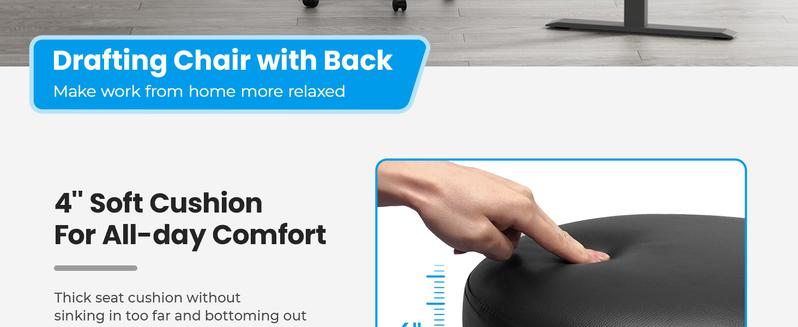 SUPERJARE Drafting Chair with Back, Adjustable Foot Rest Rolling Stool, Multi-Purpose Office Desk Chair, Thick Seat Cushion for Home Bar Kitchen Shop