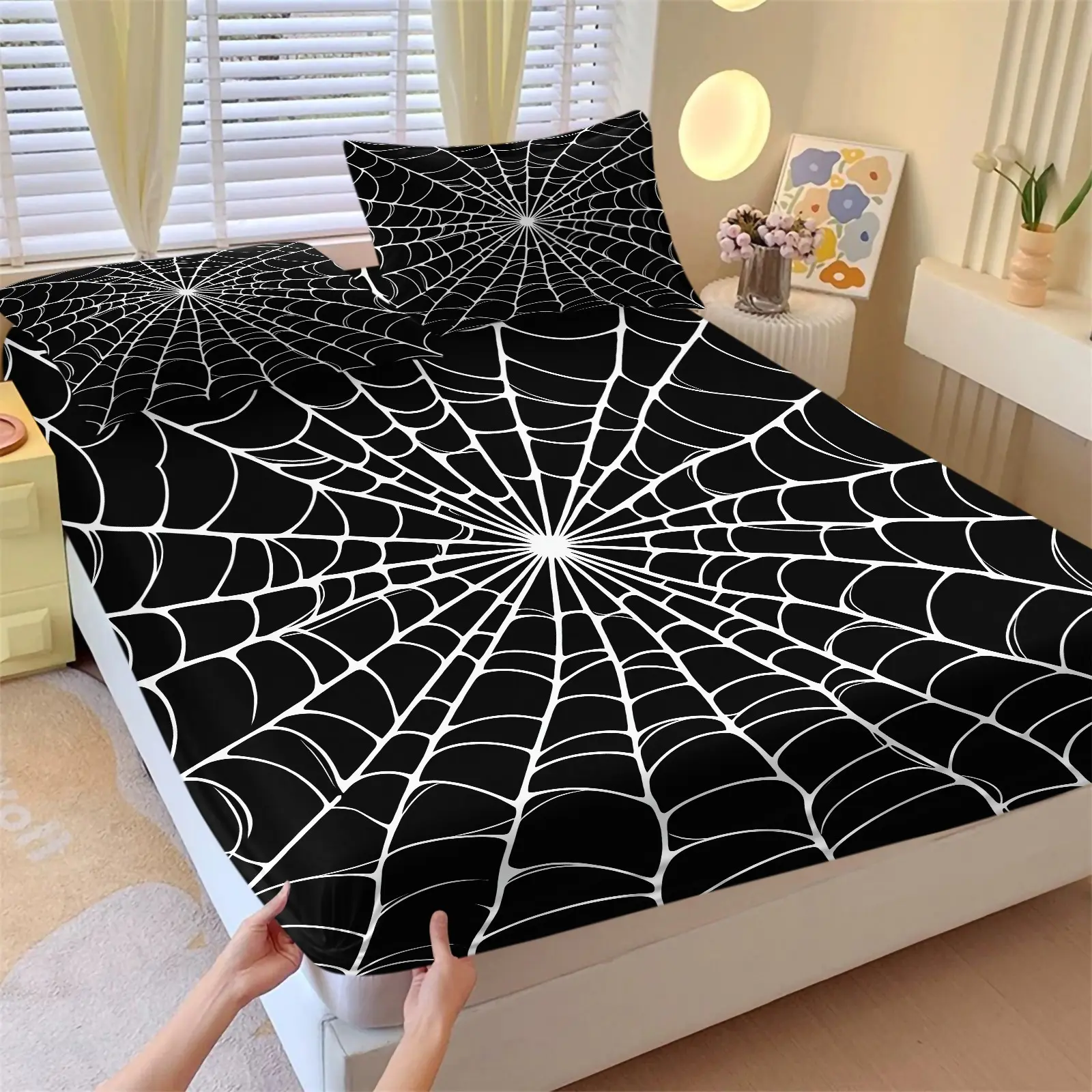 Black Base Spider Web Dark Minimalist Fitted Sheet Set & 2 Pillowcases, White Radiating Large Spider Web Print Bedding, Elastic Binding Deep Pocket, Sweet Gothic Halloween Boys Bedroom Teens Dorm Gaming Room Decor