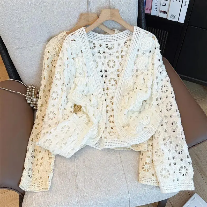 3D Floral Appliqué Crochet Cardigan Open Front Long Sleeve Open-up Open-Knit Jacket Summer Cottagecore Modern Boho Chic