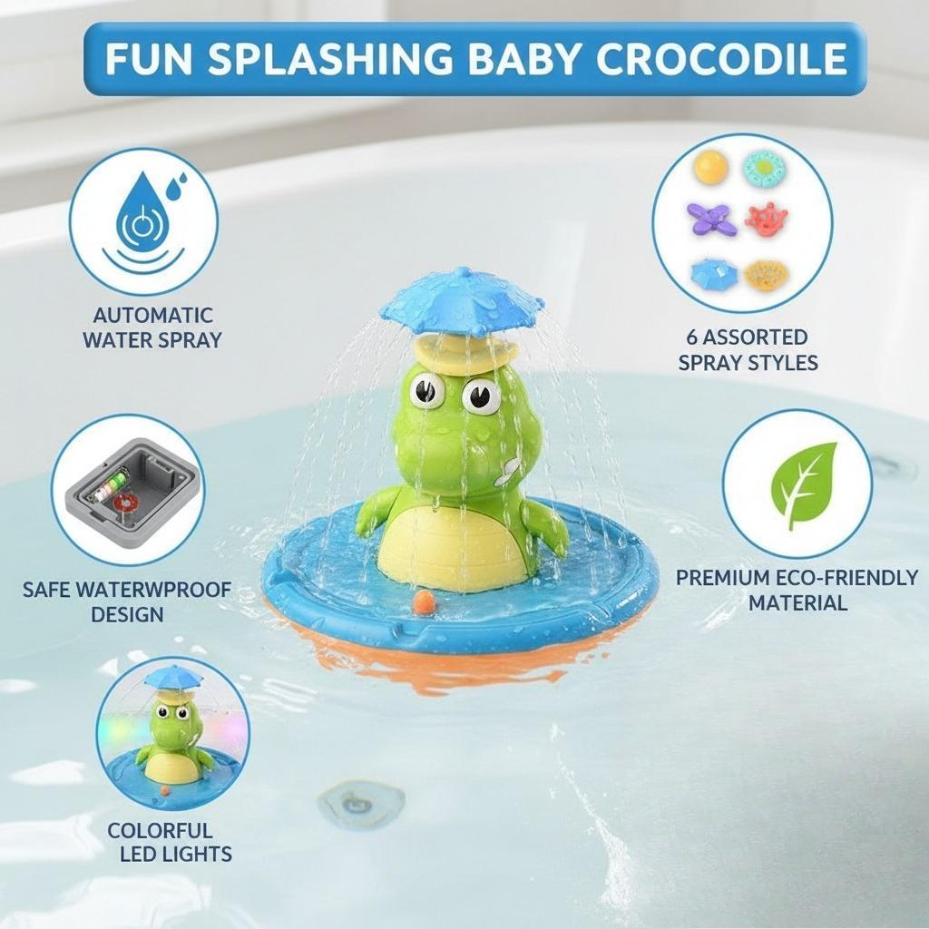 Electric Crocodile Bath Toy, Rotating LED Light Shower Head Water Sprayer, Kids Fun Water Play Toy for Bathroom Bathtub & Swimming Pool Indoor Outdoor