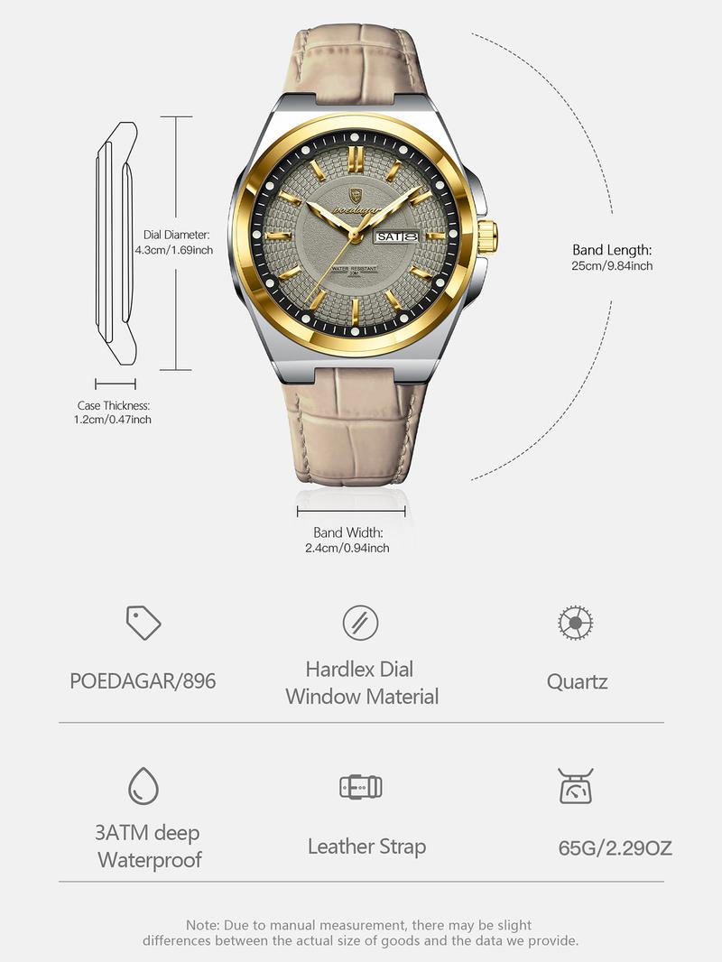 POEDAGAR Luxury Original Man Wristwatch Luminous Date Week Quartz Men's Watches High Quality Casual Leather Men Watch High End Watch