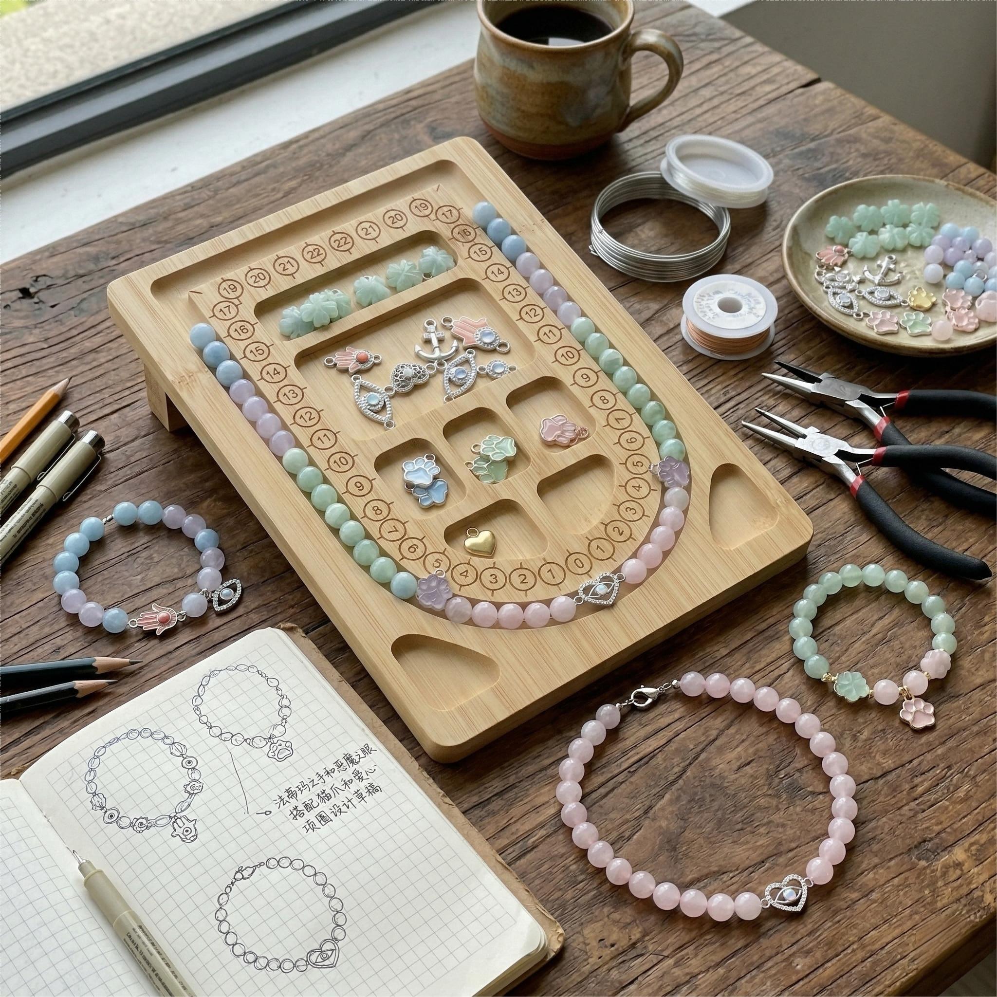 Mini Bead Board for Jewelry Making, Portable Bracelet & Necklace Design Tray, Compact Bamboo Beading Board for Travel DIY