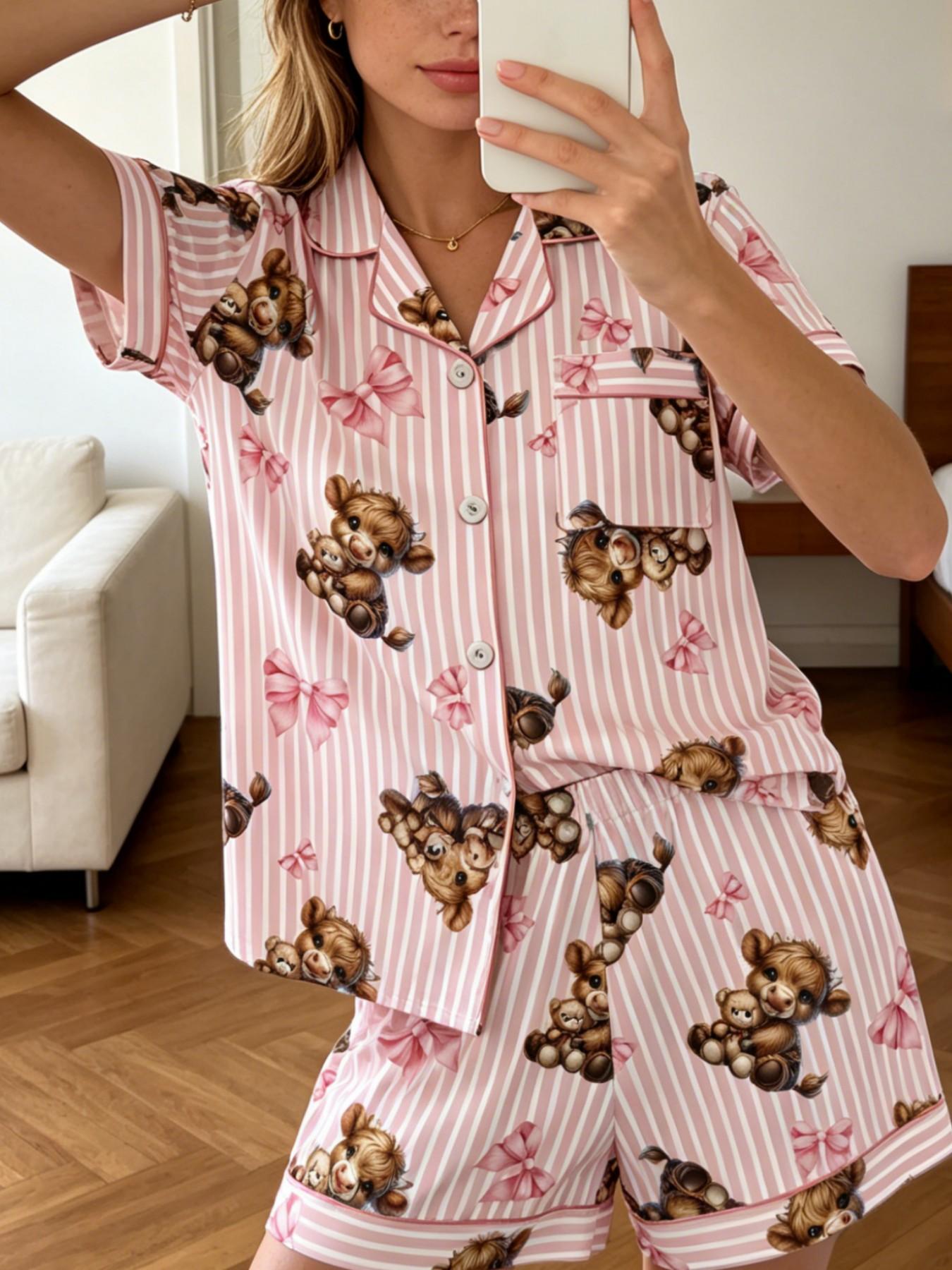 4-Piece Women's Pajamas & Loungewear Sets, Pjs Highland Cow Bow Knot Print Pink Stripe White Summer Short Sleeve Button Down Collar Chest Pocket Elastic Waist Shorts Contrast Trim Soft Breathable Relaxed Fit Sleepwear for Home