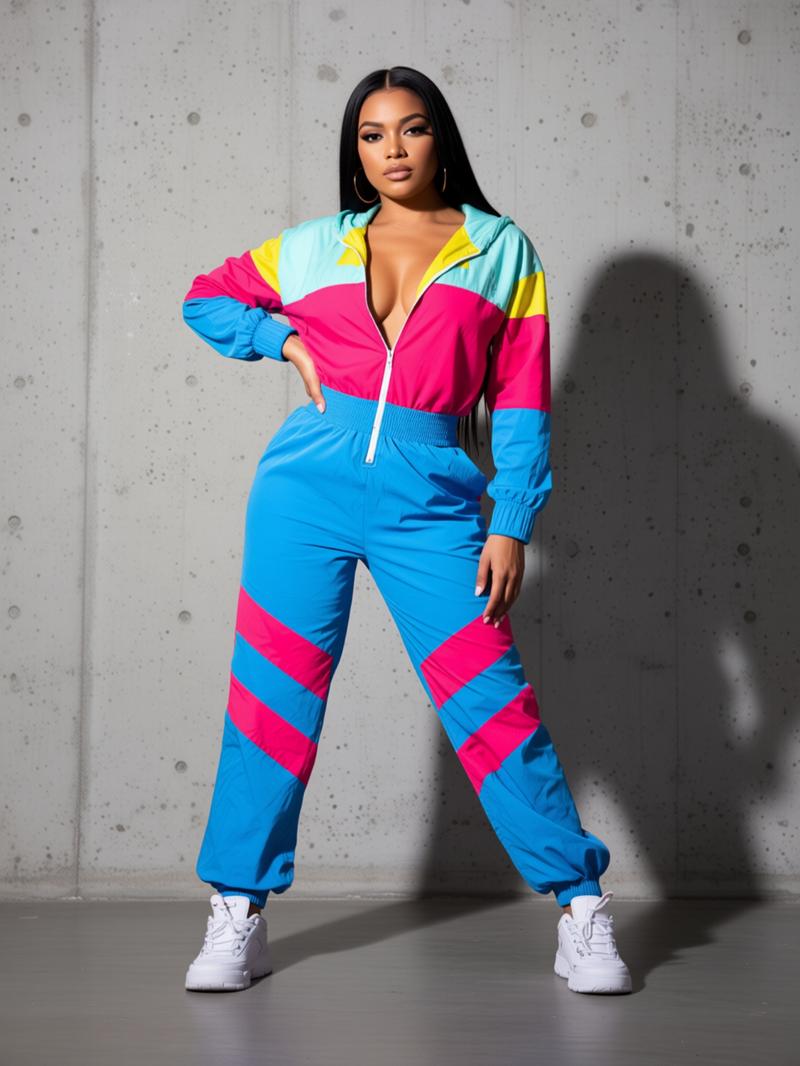 Women's Colorblock Hooded Jumpsuit with Zipper Pockets, Elastic Waist Casual Fitted Overall, Lightweight Windbreaker Jumpsuit