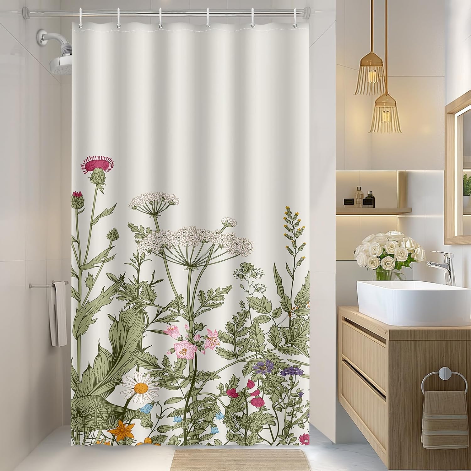 Vintage Dark Cottagecore Mushroom Shower Curtain - Retro Botanical Wildflower Print, Waterproof Fabric Curtain with 12 Hooks | Whimsical Gothic Bathroom Decor #showercurtain #mushroom #cottagecore #vintage #botanical #waterproofcurtain  #gothicdecor