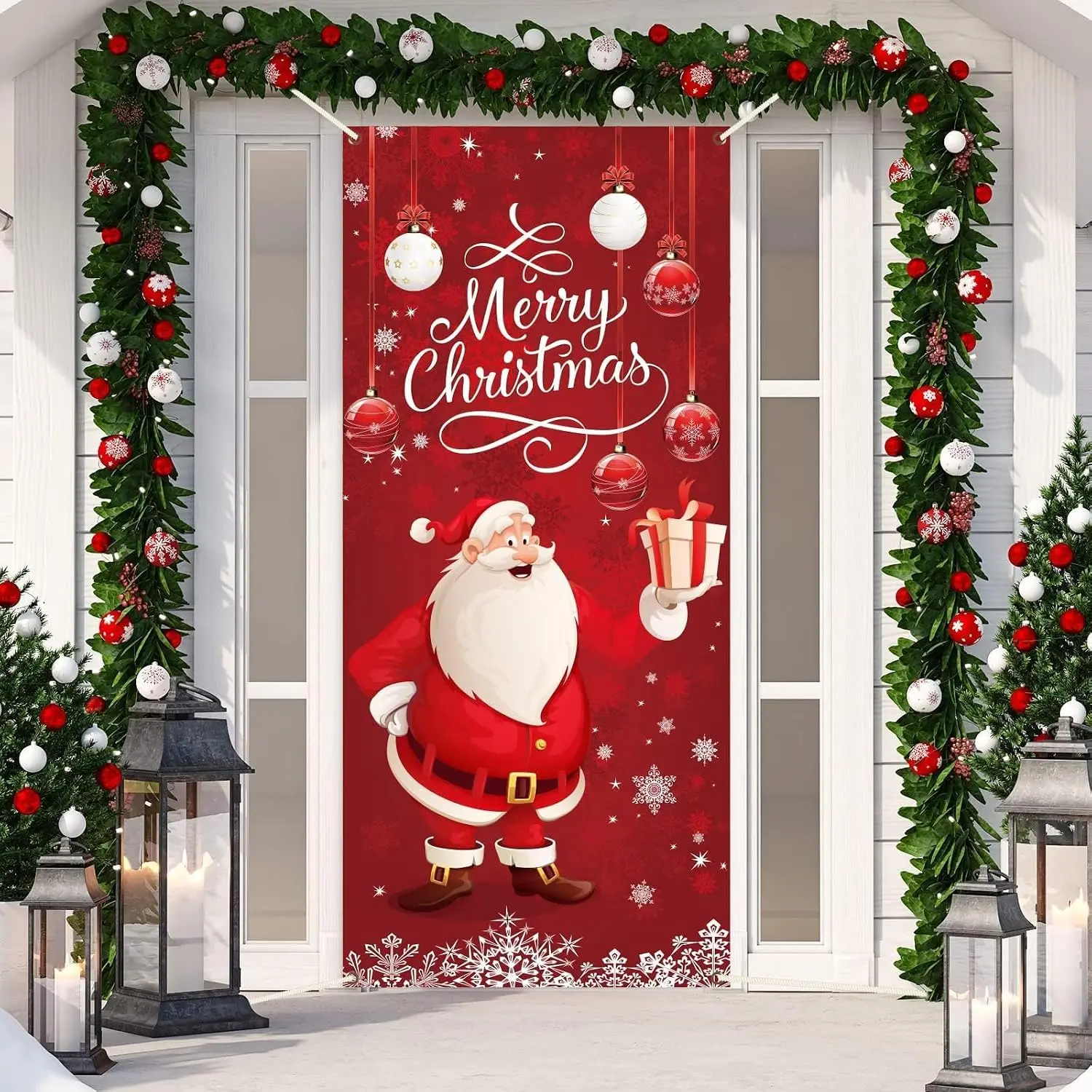 Christmas Santa Claus Door Cover Decoration, 35.4x78 in Polyester Washable Festive Banner, Front Door/Indoor Wall Sign for Winter Holiday Party Supplies, Modern