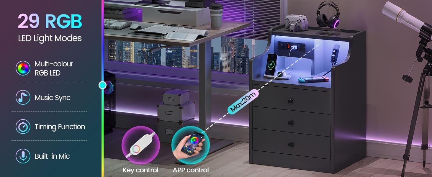 Sikaic LED Nightstand With Hutch Drawers Charging Station Bedroom Dresser Table