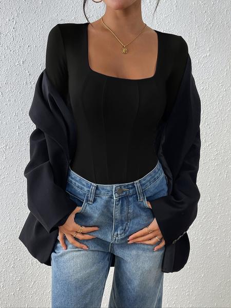 Elegant Women's Square Neck Long Sleeve Jumpsuit Set, Comfortable Fashion Fabric, Versatile Layering Option, All-Season Wear Bodysuit