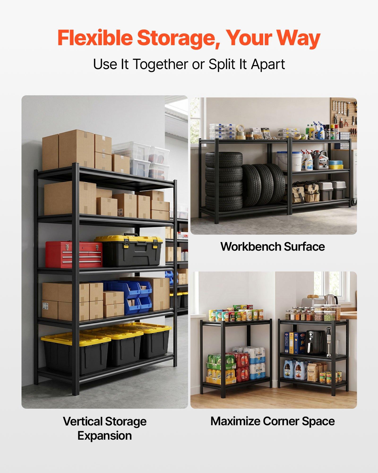 VEVOR Storage Shelves, 5-Tier Adjustable, 2500 lbs Capacity, Heavy Duty Garage Storage Shelving Unit, Metal Utility Rack Shelf, for Garage Warehouse Basement Kitchen, 48.43" W x 18.31" D x 71.38" H VEVOR Storage Shelves, 5-Tier Adjustable, 2500 lbs Capacity, Heavy Duty Garage Storage Shelving Unit, Metal Utility Rack Shelf, for Garage Warehouse Basement Kitchen, 48.43" W x 18.31" D x 71.38" H