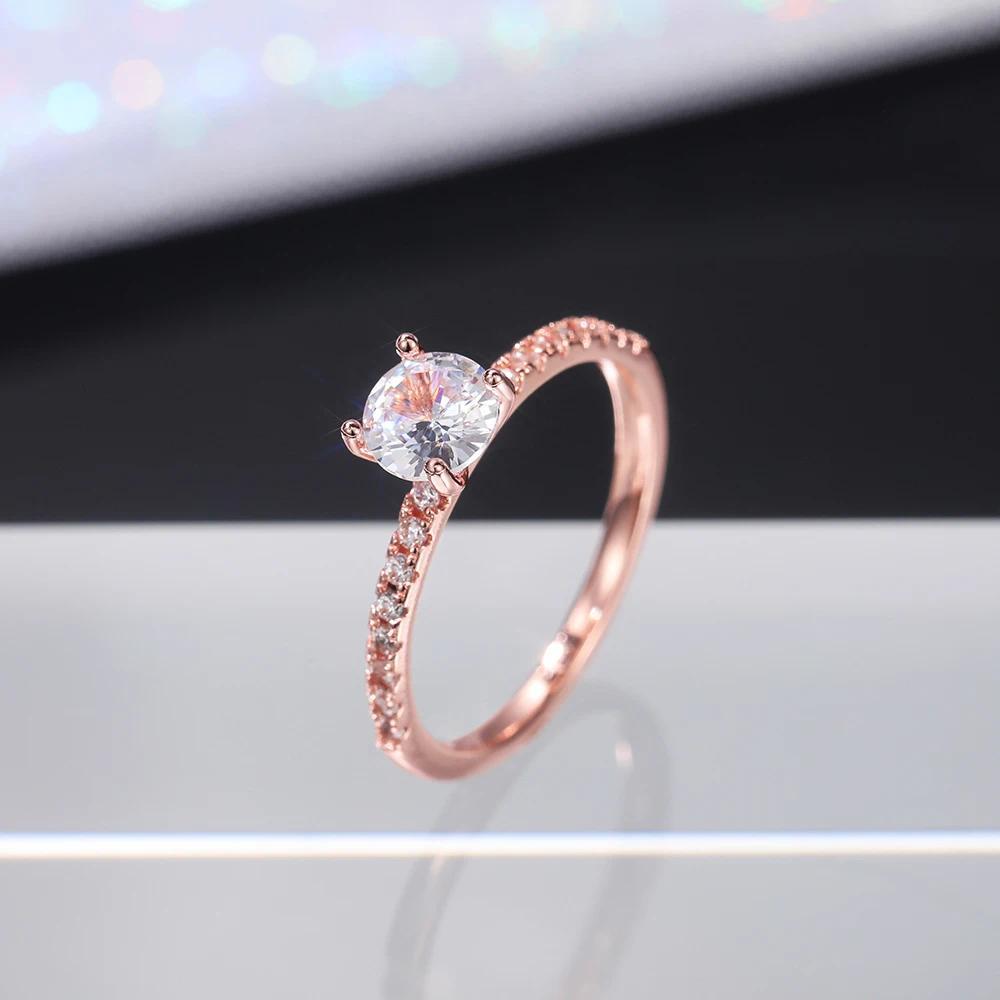 Huitan Women's Luxury Brass Base Thin Band Engagement Ring - Round Brilliant Zirconia, Luxury Look Costume Jewelry, Size-Adjustable, Sweat-Resistant, Drop Ship