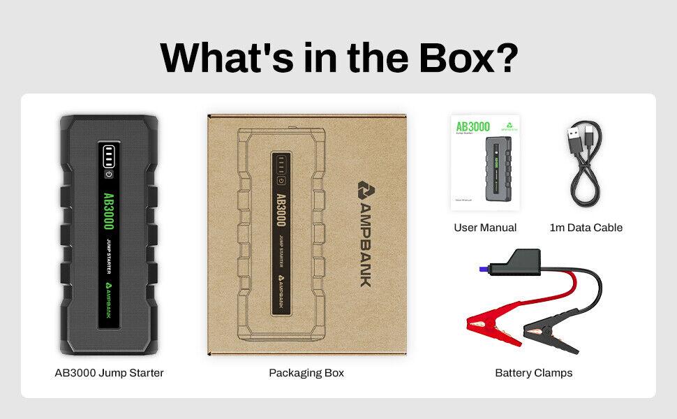 AMPBANK Upgraded AB3000 Jump Starter Portable, 3000A Battery Charger Power Bank ,compatible with 12V cars, SUVs, motorcycles ,lawn mowers AMPBANK Upgraded AB3000 Jump Starter Portable, 3000A Battery Charger Power Bank ,compatible with 12V cars, SUVs, motorcycles ,lawn mowers