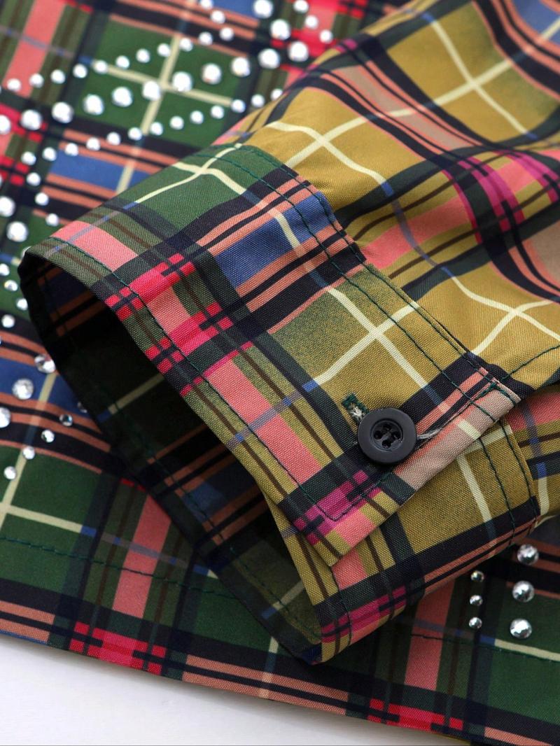 Men's plaid shirt, adorned with rhinestones, long sleeves, American urban style, Casual street style