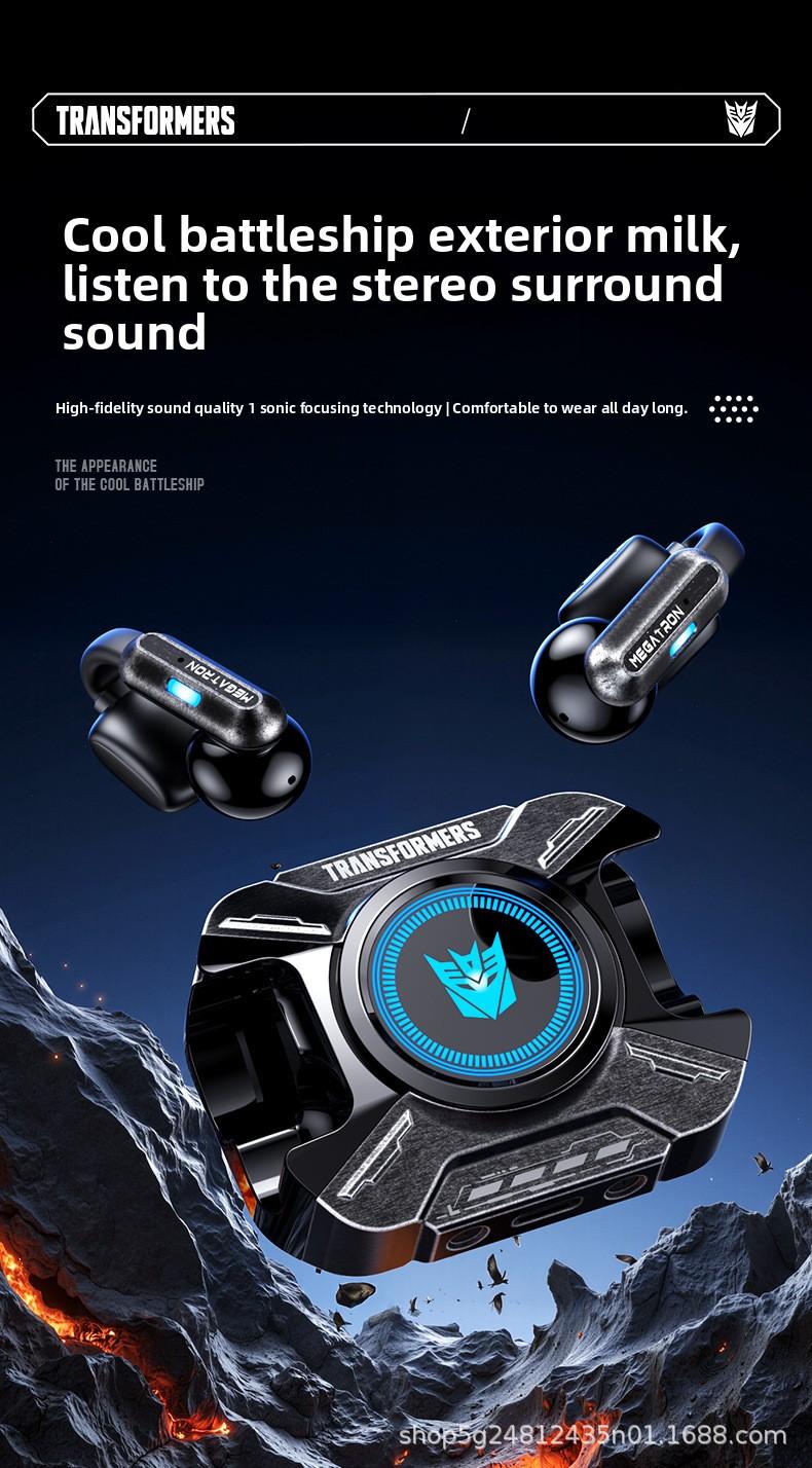 Transformers TF-T93 Ear-Clip True Wireless Bluetooth 6.0 Earbuds with Mic, Zinc Alloy Armor Case, Low Latency Game/Music Modes, Hi-Fi 12mm Drivers, Secure Fit Sports Earphones (Megatron Black)