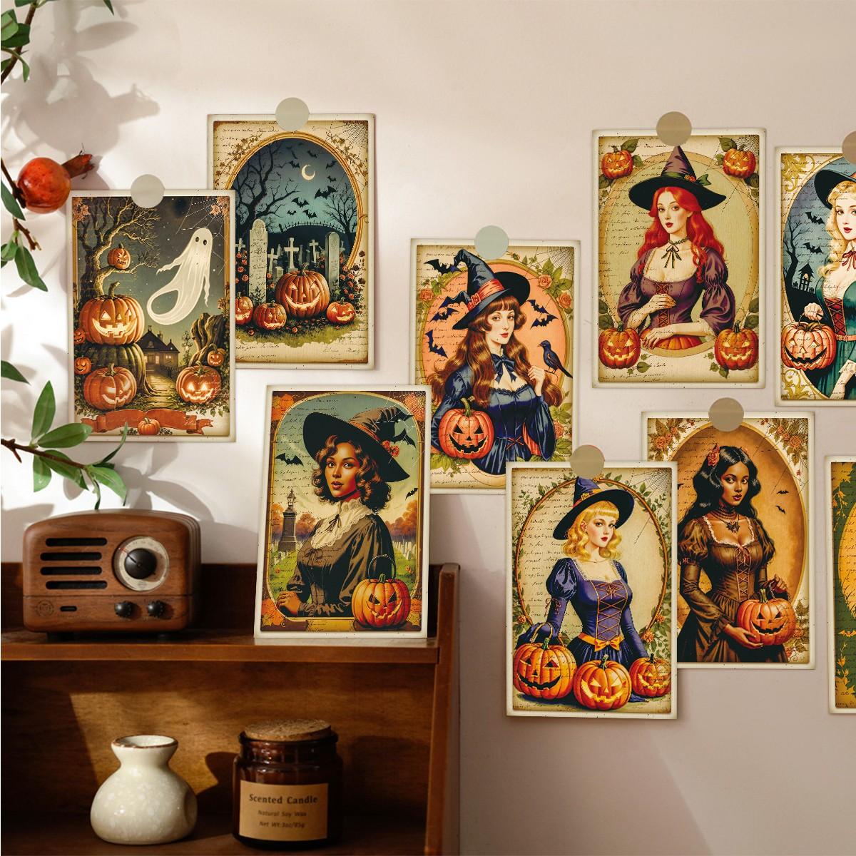 12Pcs Vintage Halloween Witch Postcards, Retro Pumpkin Bat Haunted House Ghost Art Print Cards, Antique Old Paper Style Witchy Postcards for Wall Collage Decor, Junk Journal, Halloween Greeting Card & Gift Giving