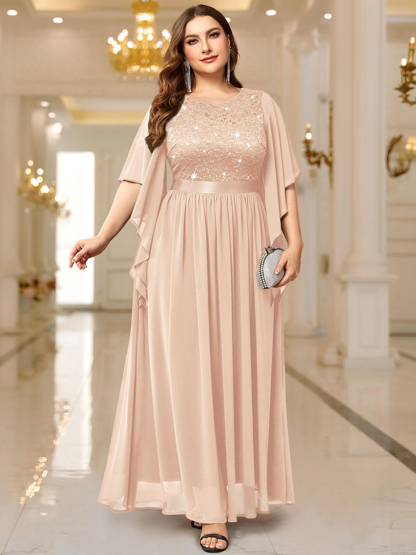 Miusol P83099 Plus Size Women's Sequin Floral Lace Chiffon Flare Sleeve Formal Dress Elegant Evening Gown All Seasons Party dress,Evening dress Normal Type  Womenswear Maxi Dress SpringStatements