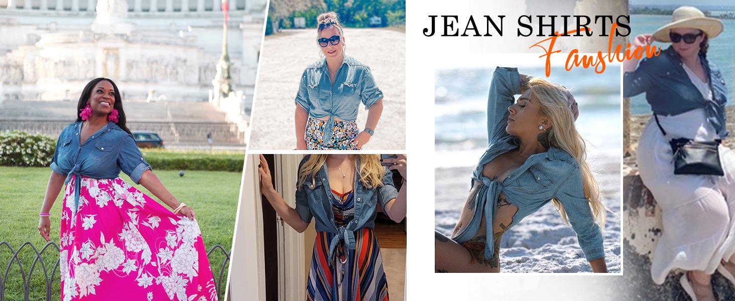 Tanming Women's 3/4 Sleeve Denim Tie Knot Crop Top | Y2K Western Button Down Shirt for Summer Outfits